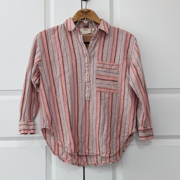 Anthropologie Maeve Lida Shirt Women's Small Pink Stripe Linen Blend Half Button - Picture 1 of 6